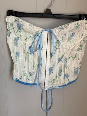 Stella Laguna Beach White Floral Corset Top with Light Blue Trim